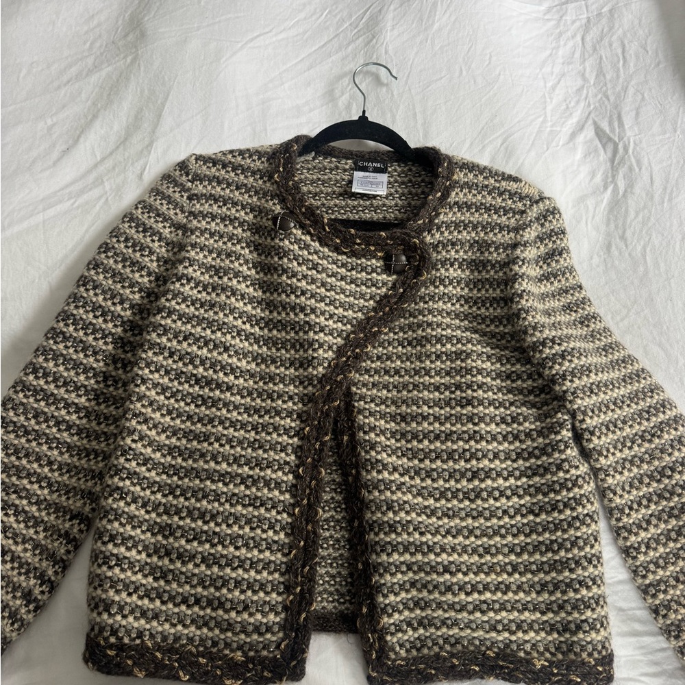 CHANEL Women's Black and Cream Cardigan